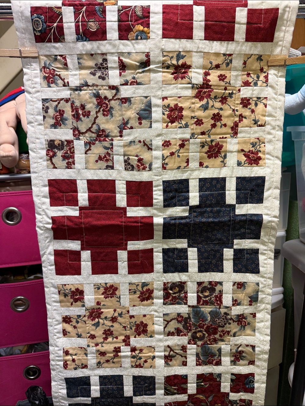 Patchwork Floral Quilted Table Runner in Red, Navy, and Cream